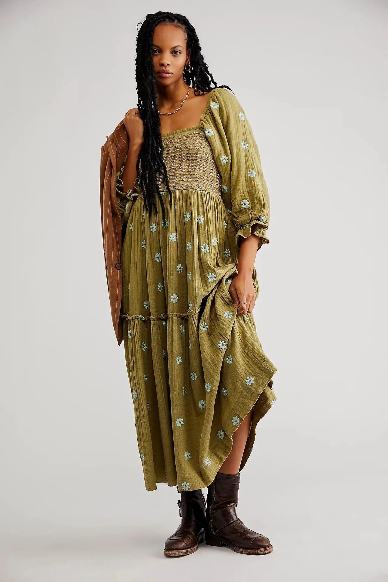 Floral Embroidered lantern sleeve Maxi Dress - Naturenspires