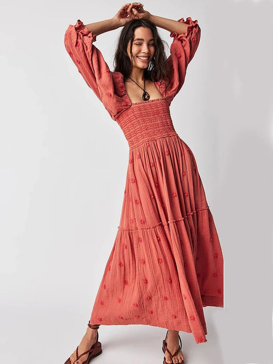 Floral Embroidered lantern sleeve Maxi Dress - Naturenspires