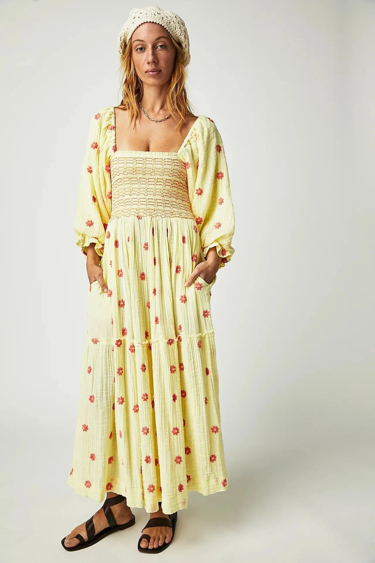 Floral Embroidered lantern sleeve Maxi Dress - Naturenspires