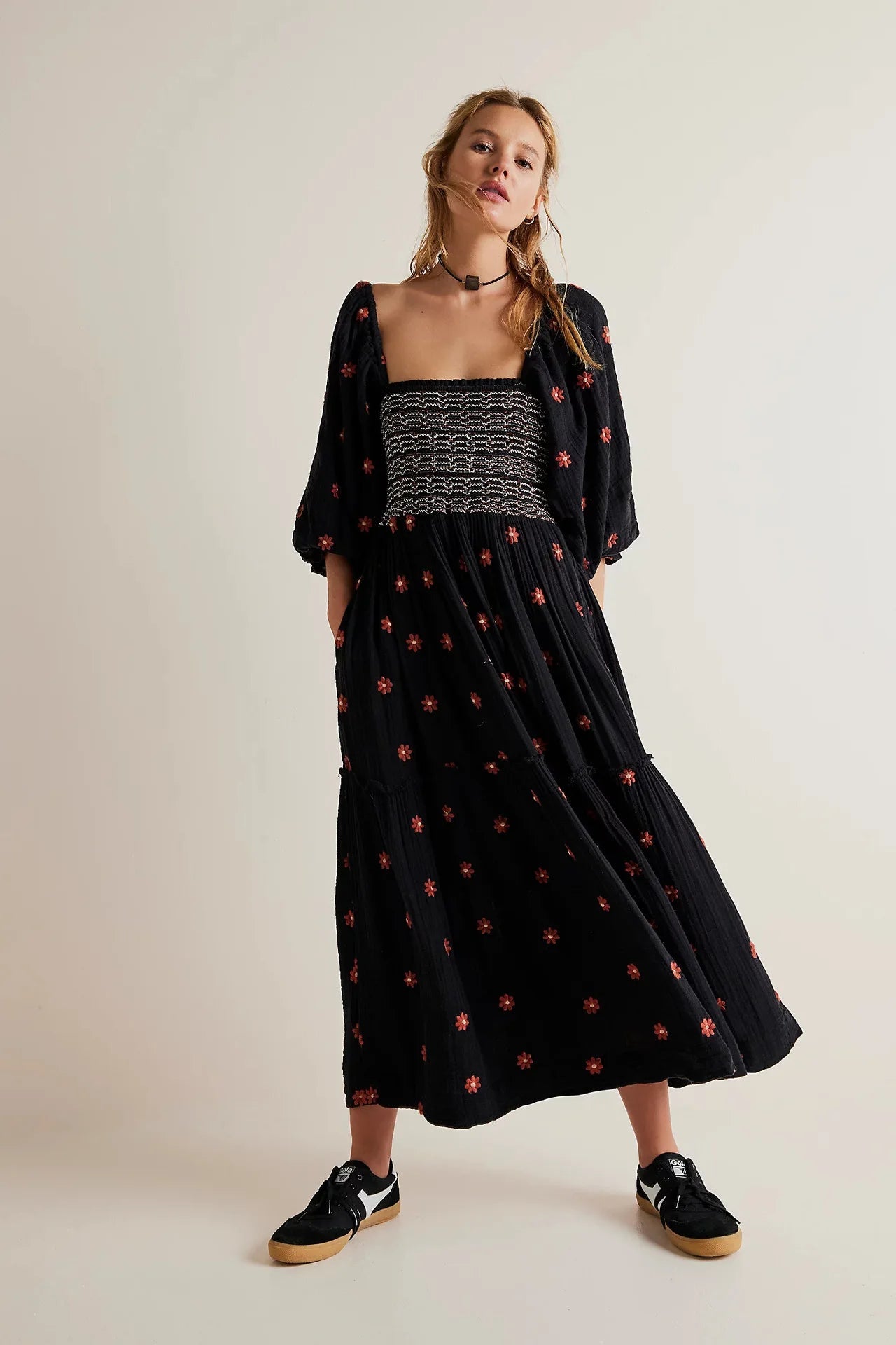 Floral Embroidered lantern sleeve Maxi Dress - Naturenspires