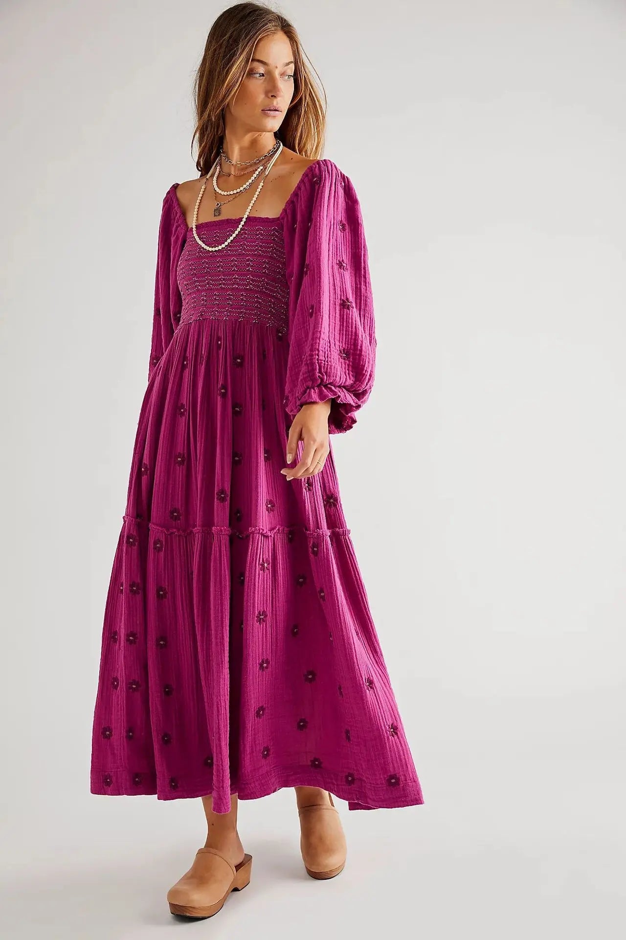 Floral Embroidered lantern sleeve Maxi Dress - Naturenspires