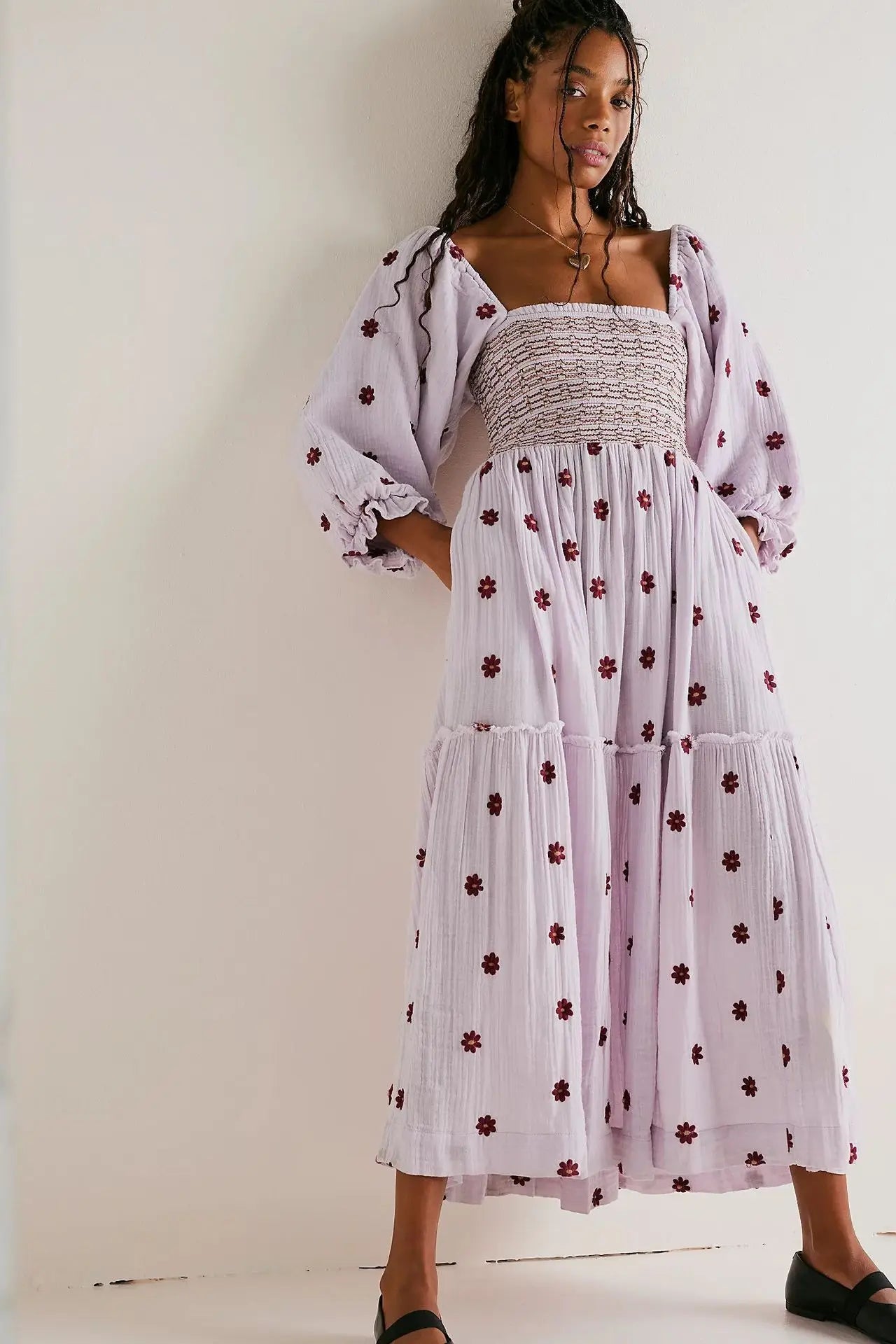 Floral Embroidered lantern sleeve Maxi Dress - Naturenspires