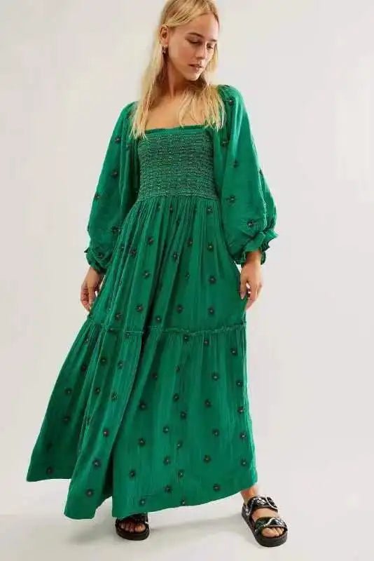 Floral Embroidered lantern sleeve Maxi Dress - Naturenspires