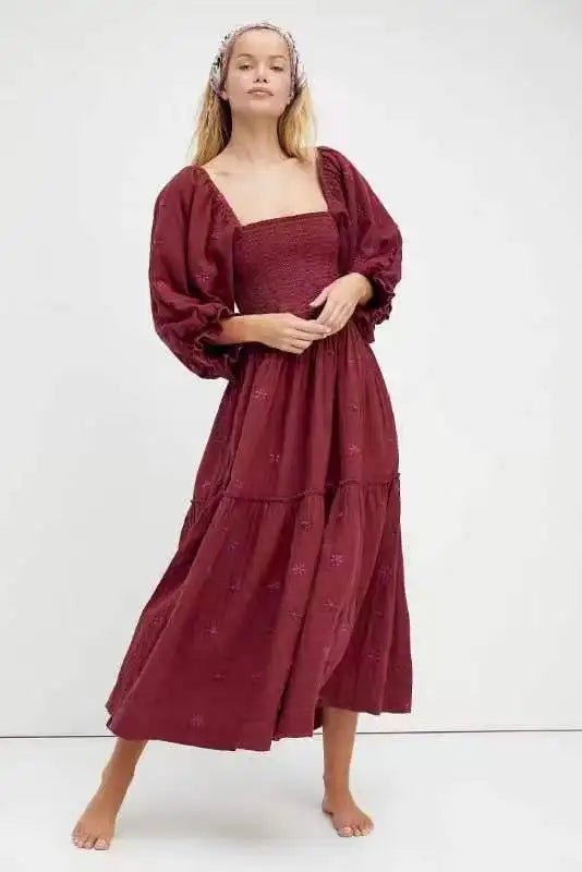 Floral Embroidered lantern sleeve Maxi Dress - Naturenspires