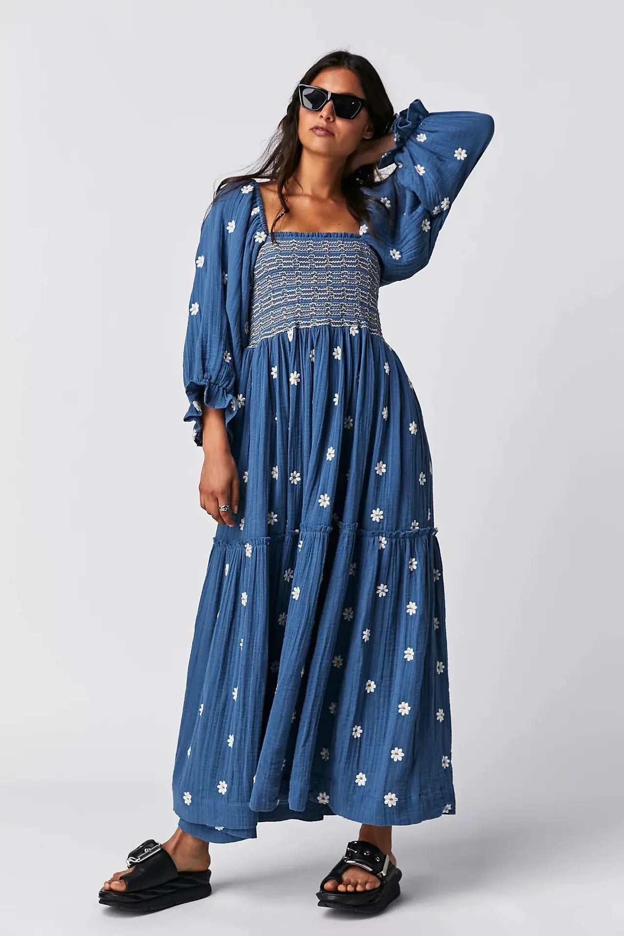 Floral Embroidered lantern sleeve Maxi Dress - Naturenspires