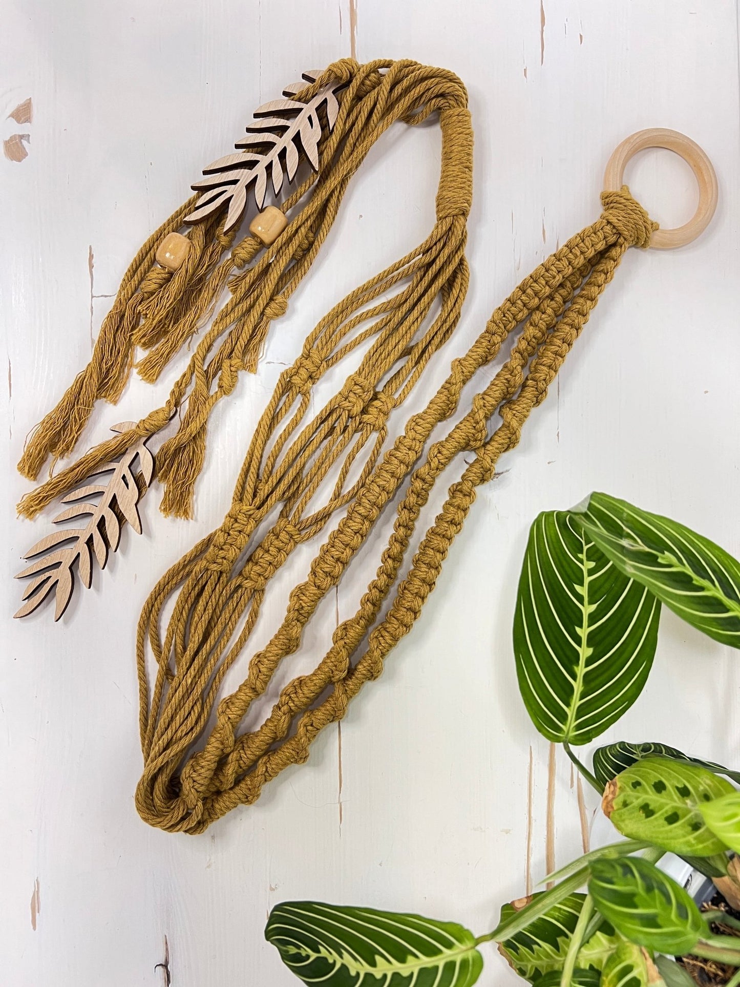 Gold Plant Hanger with Wood Leave Tassel - Naturenspires