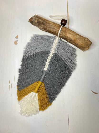 Grey, Gold and Cream Feather With wood - Naturenspires