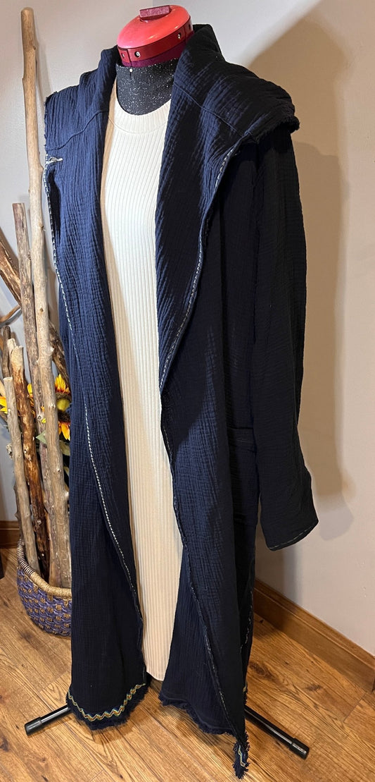 Long Navy Blue Cotton Cardigan Jacket - Naturenspires