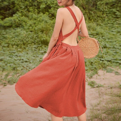 Midi Backless Linen Dress - Naturenspires